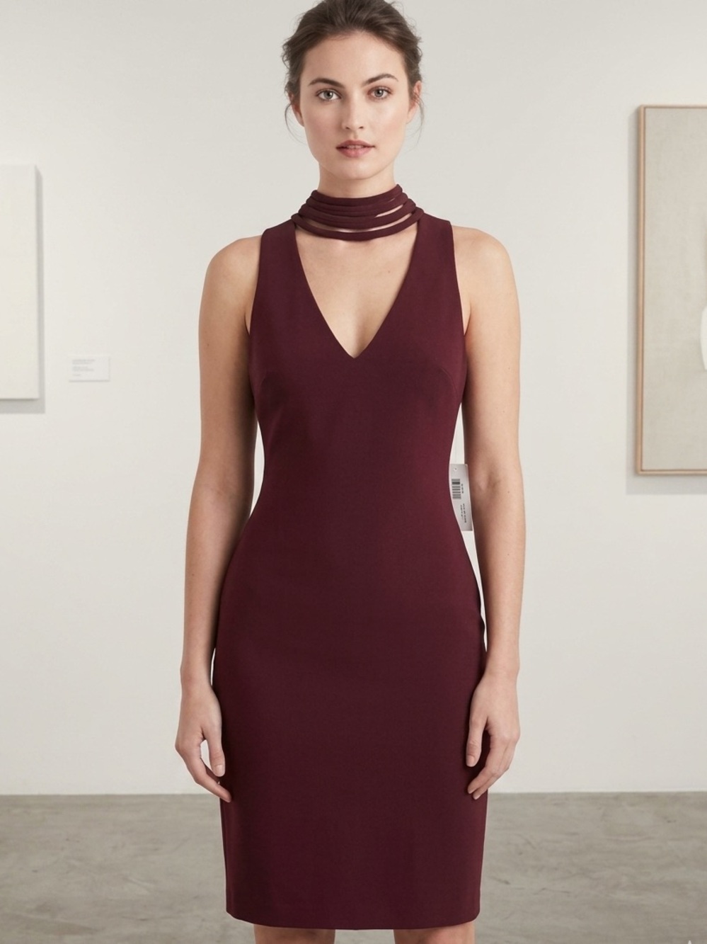 NWT Sleeveless V-Neck Cocktail Dress in Burgundy with Strappy Neck Detail
